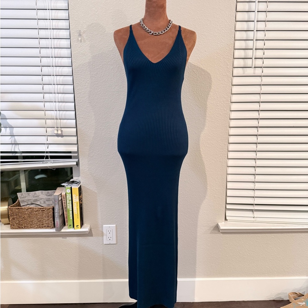 Teal Ribbed V-Neck Bodycon Midi Dress Spaghetti Strap | size 8